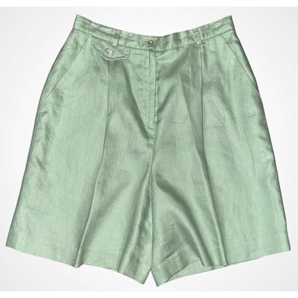 Vtg 90s Ralph Lauren LRL High Rise LINEN Shorts Womens 10 Green Twill Pleats 80s